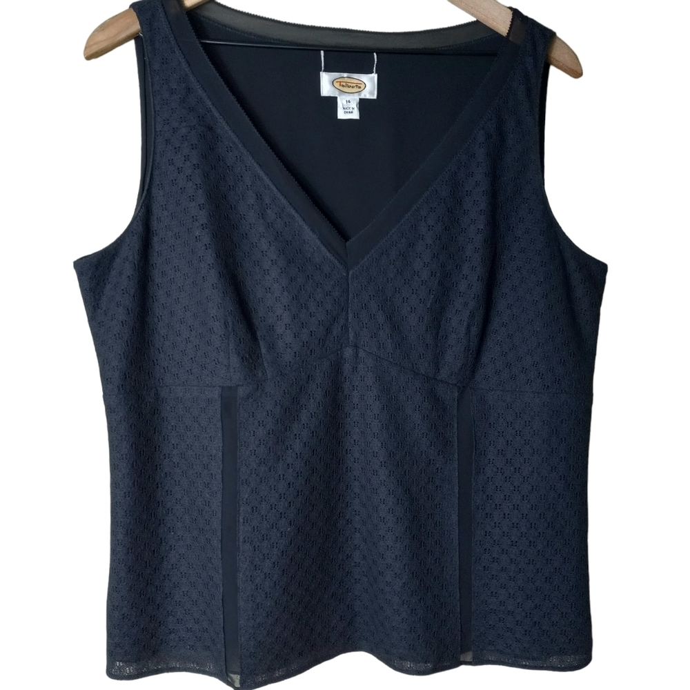 Talbott knit eyelet tank top size 14 black with sheer accent at neckline